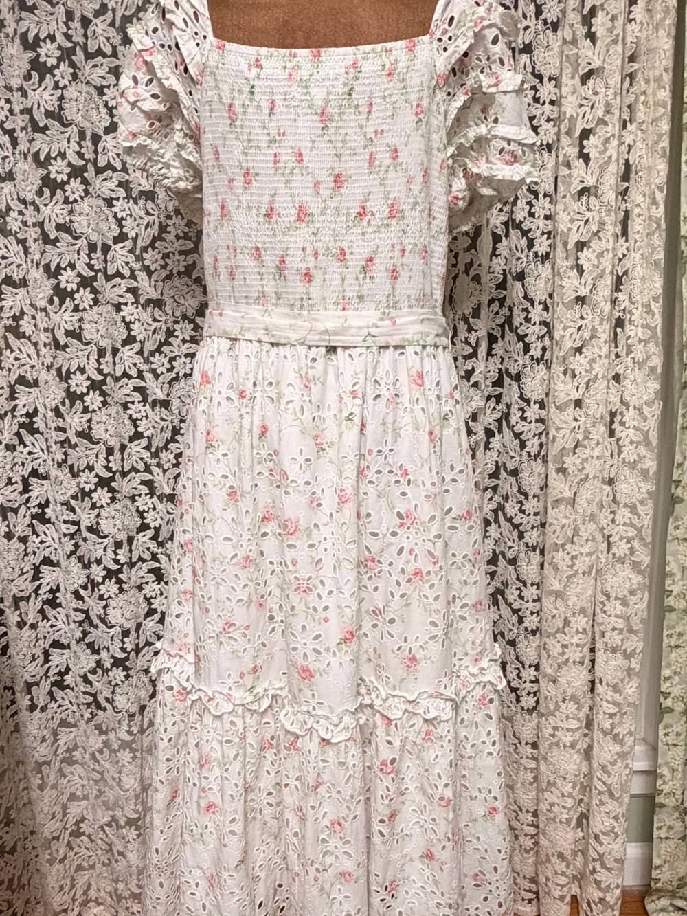 LoveShackFancy White Eyelet Maxi Dress with Pink Floral Print - Picture 3 of 9